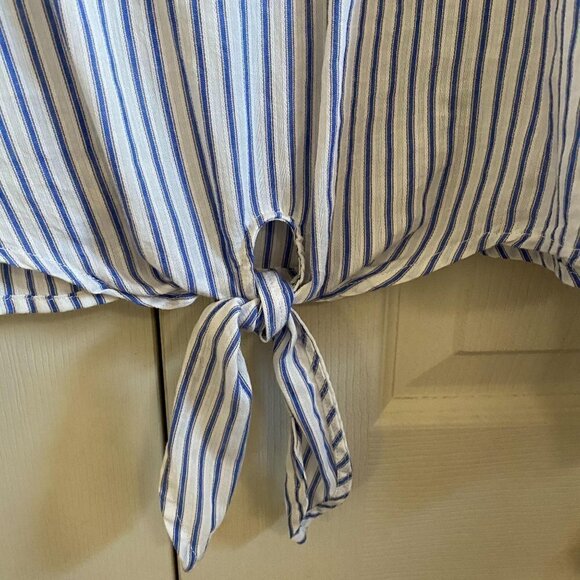 Nanette Lepore Front Tie Gold Embellished Blue White Stripe Blouse Size Large - Picture 5 of 10